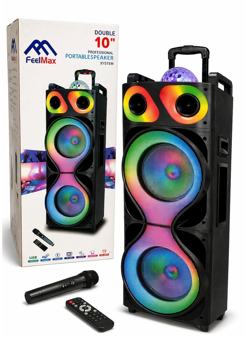 فيل ماكس سماعة حفلات محمولة FeelMax مقاس 10 بوصة مزدوجة مع بلوتوث، إضاءة RGB LED، مايك لاسلكي، ريموت كنترول، بطارية قابلة للشحن، USB/FM/AUX - Image 1