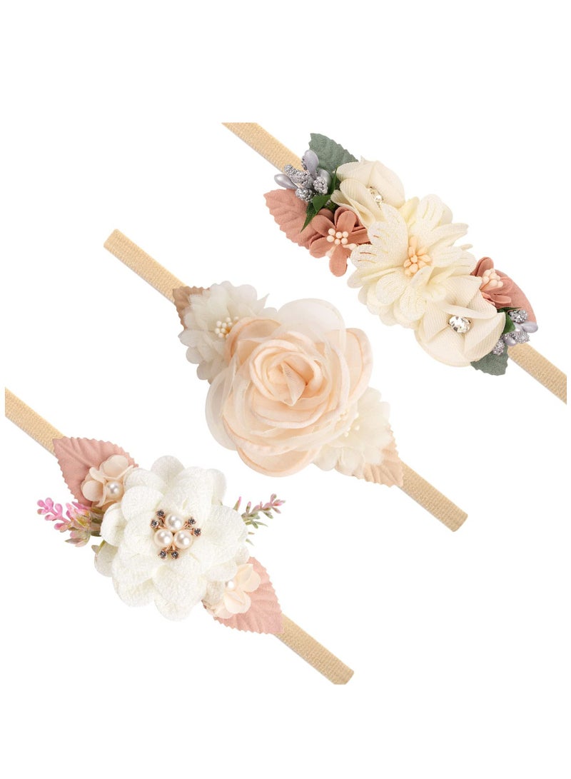 Flower Nylon Headband Baby Girl Floral Headbands Set Elastic Hair Band Handmade Bow for Newborn Infant Toddler Baby Girl 3 Pack - Image 1