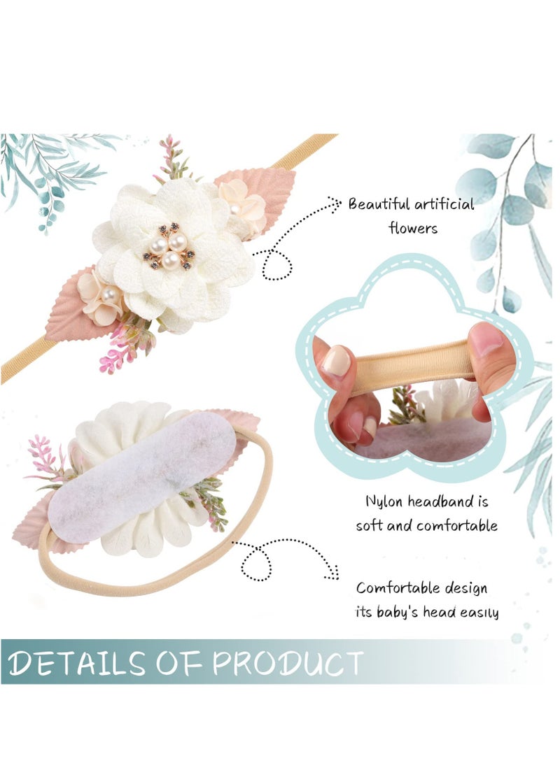 Flower Nylon Headband Baby Girl Floral Headbands Set Elastic Hair Band Handmade Bow for Newborn Infant Toddler Baby Girl 3 Pack - Image 4
