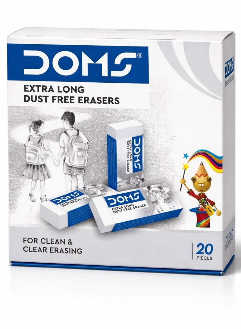 DOMS Extra Long Dust-Free Erasers – 20 Pieces | Clean & Clear Erasing | Soft Non-Dust Formula | School & Office Use - Image 1
