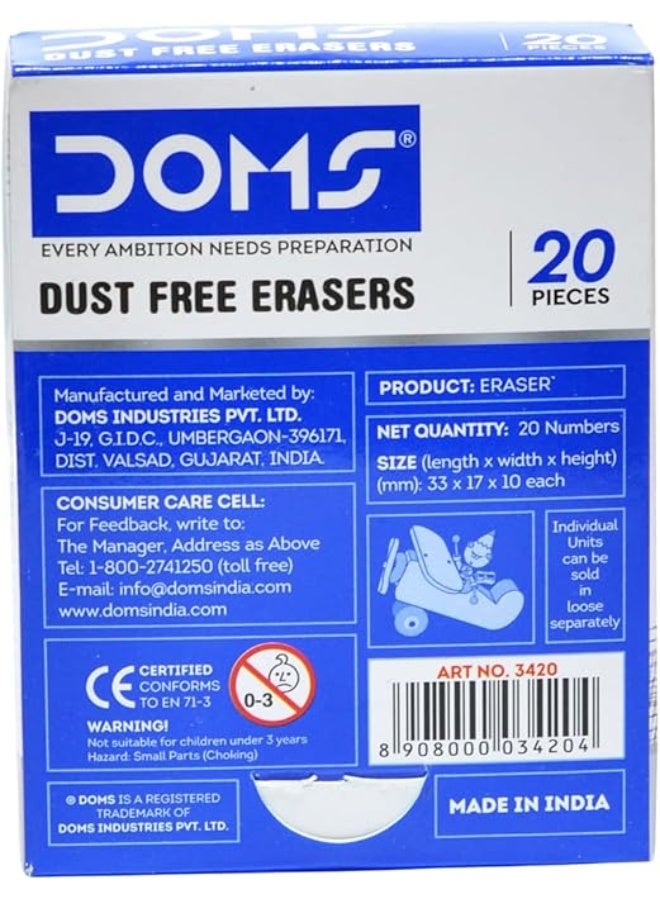 DOMS Extra Long Dust-Free Erasers – 20 Pieces | Clean & Clear Erasing | Soft Non-Dust Formula | School & Office Use - Image 4