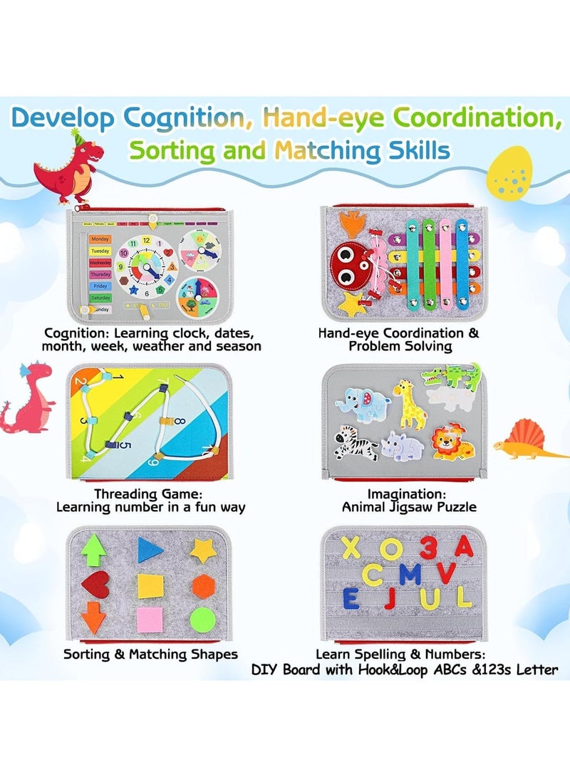 Aurevip Montessori Busy Board for Toddlers, 8-in-1 Sensory Activity Board Toy for 1-4 Year, Educational Travel Toy with Zippers, Buttons, Shapes, Alphabet, Clock, Quiet Book for Plane, Home (Gray) - Image 3