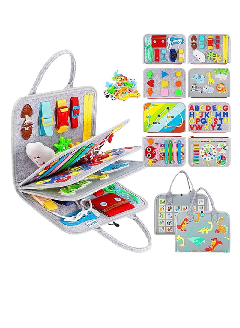 Aurevip Montessori Busy Board for Toddlers, 8-in-1 Sensory Activity Board Toy for 1-4 Year, Educational Travel Toy with Zippers, Buttons, Shapes, Alphabet, Clock, Quiet Book for Plane, Home (Gray) - Image 1