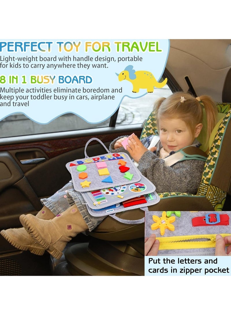 Aurevip Montessori Busy Board for Toddlers, 8-in-1 Sensory Activity Board Toy for 1-4 Year, Educational Travel Toy with Zippers, Buttons, Shapes, Alphabet, Clock, Quiet Book for Plane, Home (Gray) - Image 4