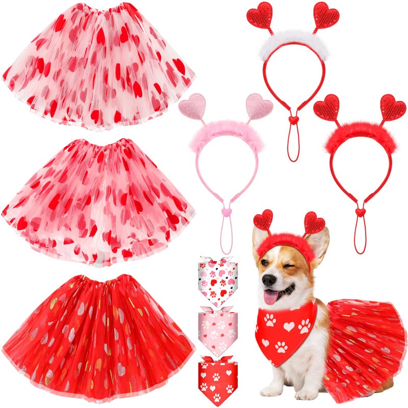 SilTriangle 9 Pcs Dog Valentines Outfit, Valentines Dog Costume Set Including Red and Pink Heart Headband Pet Bandana & Tutu Skirt for Small Medium Pet Holiday Birthday Wedding Party Outfit Accessory - Image 1