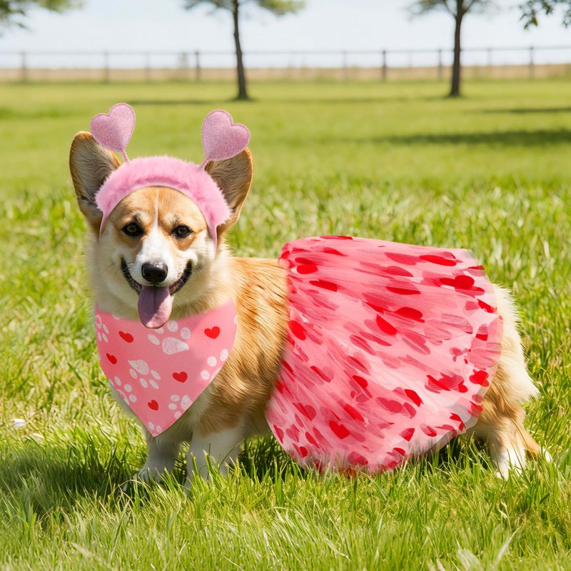 SilTriangle 9 Pcs Dog Valentines Outfit, Valentines Dog Costume Set Including Red and Pink Heart Headband Pet Bandana & Tutu Skirt for Small Medium Pet Holiday Birthday Wedding Party Outfit Accessory - Image 3