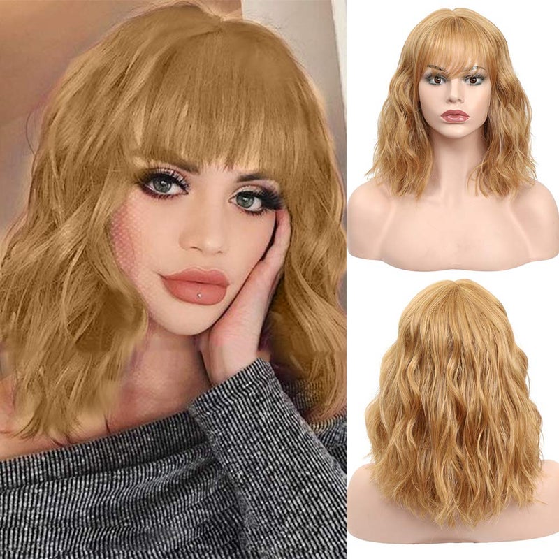 SOKU Strawberry Blonde Wigs with Bangs Synthetic 14 Medium Length Bob Curly Pastel Wigs for Women Short Bob Wavy Hair Wigs Blonde Braided Wigs for Girls Cosplay Christmas Gift