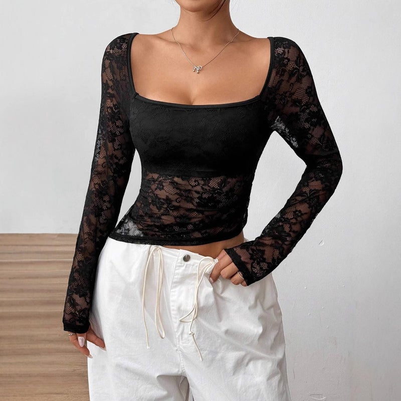 Women's Lace U-Neck Long Sleeve T-Shirt with Asymmetric Hem - Image 3