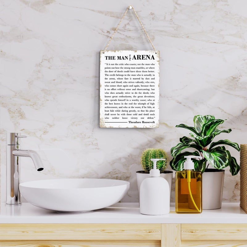 BELLOWDEER تحفيزي الجدار الخشبي الفن ملهمة الرجل في الساحة ثيودور روزفلت اقتباس معلقة علامة الكلام ونقلت اللوحة علامات مزرعة المنزل ديكور الجدار هدية للرجال 8x10 بوصة - Image 5