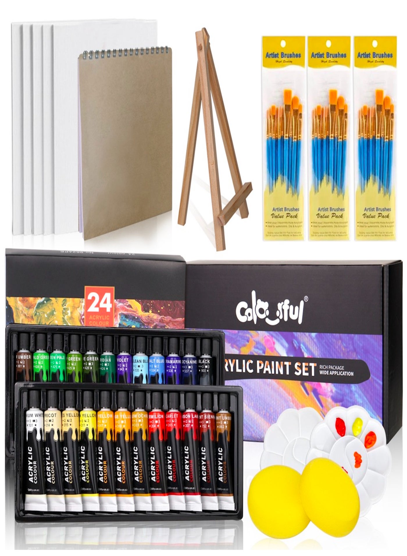 65pcs Acrylic Painting Kit - Paint Supplies Set with 24 Colors, 30 Brushes, 5 Canvases, 1 Pad, 2 Palette, 2 Sponge & 1 Wood Easel - Art Acrylic Paint Set for Beginners, Kids, Adults