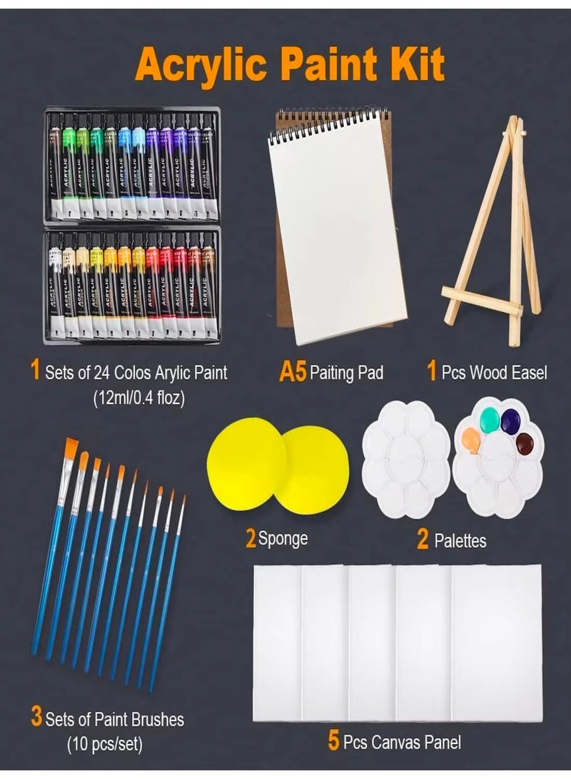 Colorful 65pcs Acrylic Painting Kit - Paint Supplies Set with 24 Colors, 30 Brushes, 5 Canvases, 1 Pad, 2 Palette, 2 Sponge & 1 Wood Easel - Art Acrylic Paint Set for Beginners, Kids, Adults - Image 2