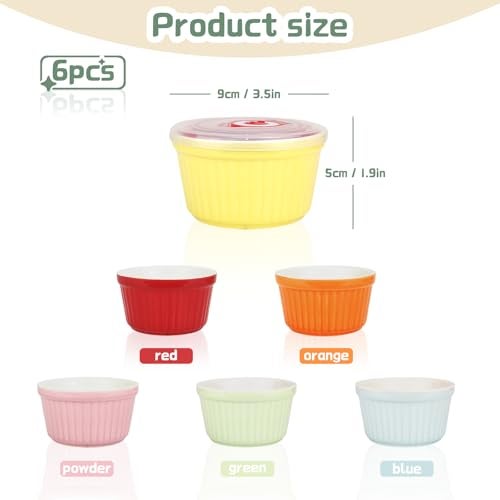 JOBVERT Ramekins with Lids 8 Oz - Set of 6, Ceramic Souffle Creme Brulee Ramekins with Covers, Colorful Custard Cups for Baking, Ceramic Custard Cups Safe and Dishwash Safe - Image 2