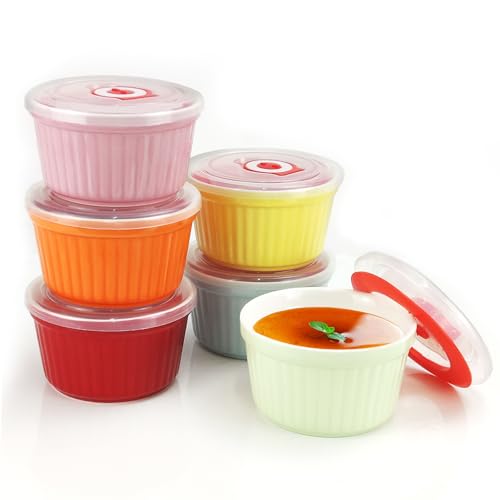 JOBVERT Ramekins with Lids 8 Oz - Set of 6, Ceramic Souffle Creme Brulee Ramekins with Covers, Colorful Custard Cups for Baking, Ceramic Custard Cups Safe and Dishwash Safe - Image 1