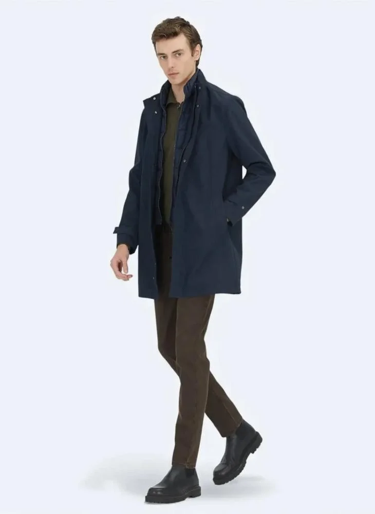 Kip Navy Blue Oversize Fit Double Breasted Collar Casual Weaving Rain Coat