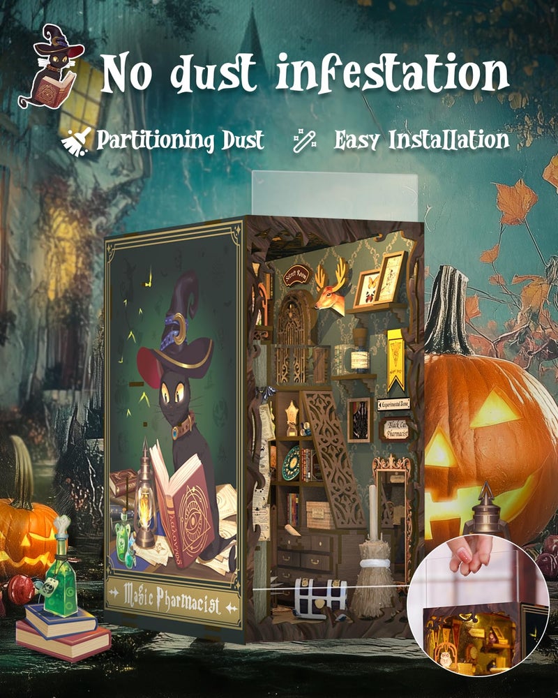 Cutefun Book Nook Kit, DIY Miniature Dollhouse Booknook for Adults, 3D Wooden Puzzle Bookend Bookshelf Insert Decor with LED Light, Gift for Craft Lovers (Magic Pharmacist) - Image 3