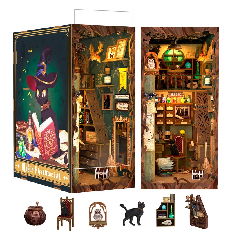 Cutefun Book Nook Kit, DIY Miniature Dollhouse Booknook for Adults, 3D Wooden Puzzle Bookend Bookshelf Insert Decor with LED Light, Gift for Craft Lovers (Magic Pharmacist) - Image 1