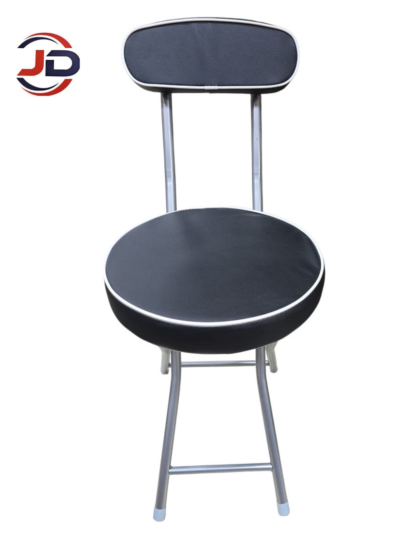 A foldable prayer chair featuring a rounded design, a backrest, and a black metal frame, with a padded seat and backrest available in various colors.