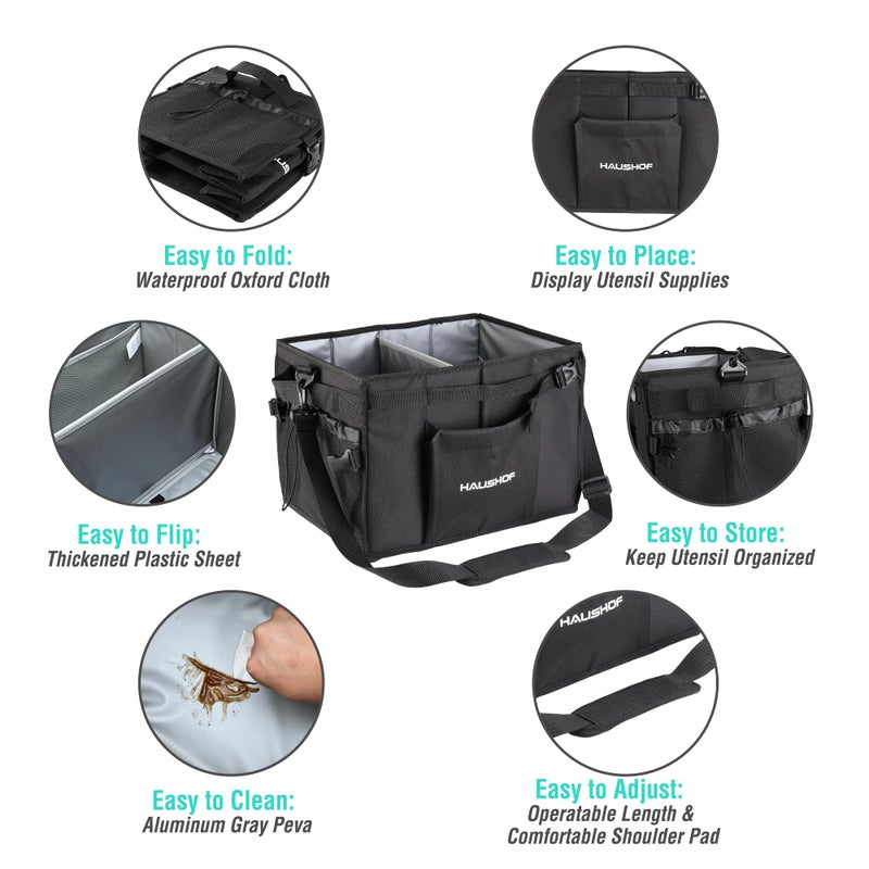 HAUSHOF Large Grill and Picnic Caddy with Paper Towel Holder, Condiment Pocket, Foldable BBQ Organizer Easy Carry Griddle Caddy for Camping, RV, Outdoor Waterproof Oxford Cloth (Black) - Image 5