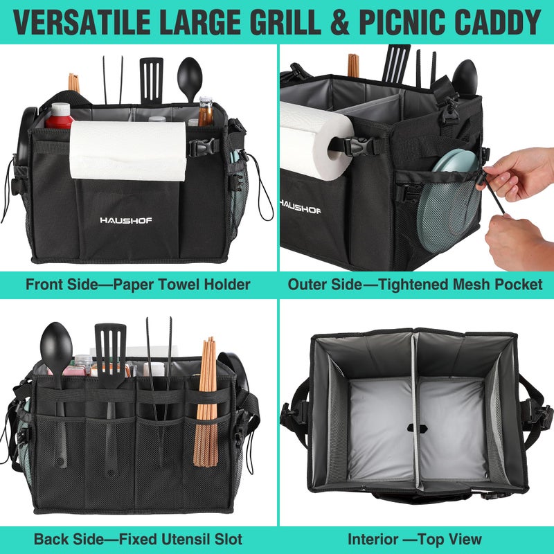 HAUSHOF Large Grill and Picnic Caddy with Paper Towel Holder, Condiment Pocket, Foldable BBQ Organizer Easy Carry Griddle Caddy for Camping, RV, Outdoor Waterproof Oxford Cloth (Black) - Image 4