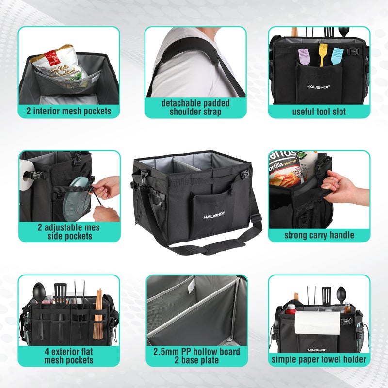 HAUSHOF Large Grill and Picnic Caddy with Paper Towel Holder, Condiment Pocket, Foldable BBQ Organizer Easy Carry Griddle Caddy for Camping, RV, Outdoor Waterproof Oxford Cloth (Black) - Image 3