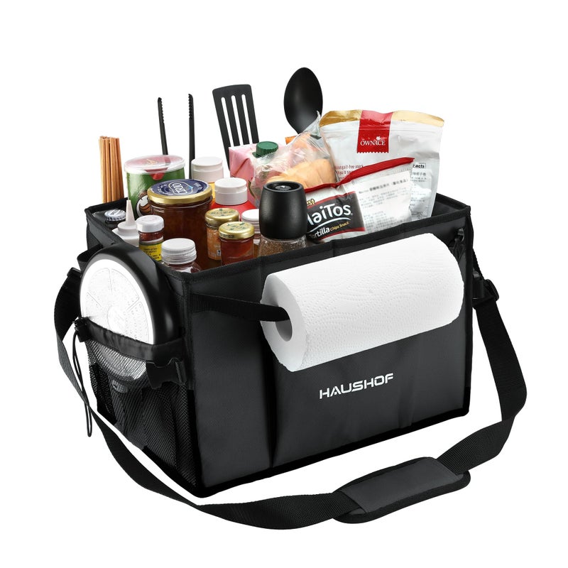 HAUSHOF Large Grill and Picnic Caddy with Paper Towel Holder, Condiment Pocket, Foldable BBQ Organizer Easy Carry Griddle Caddy for Camping, RV, Outdoor Waterproof Oxford Cloth (Black) - Image 1