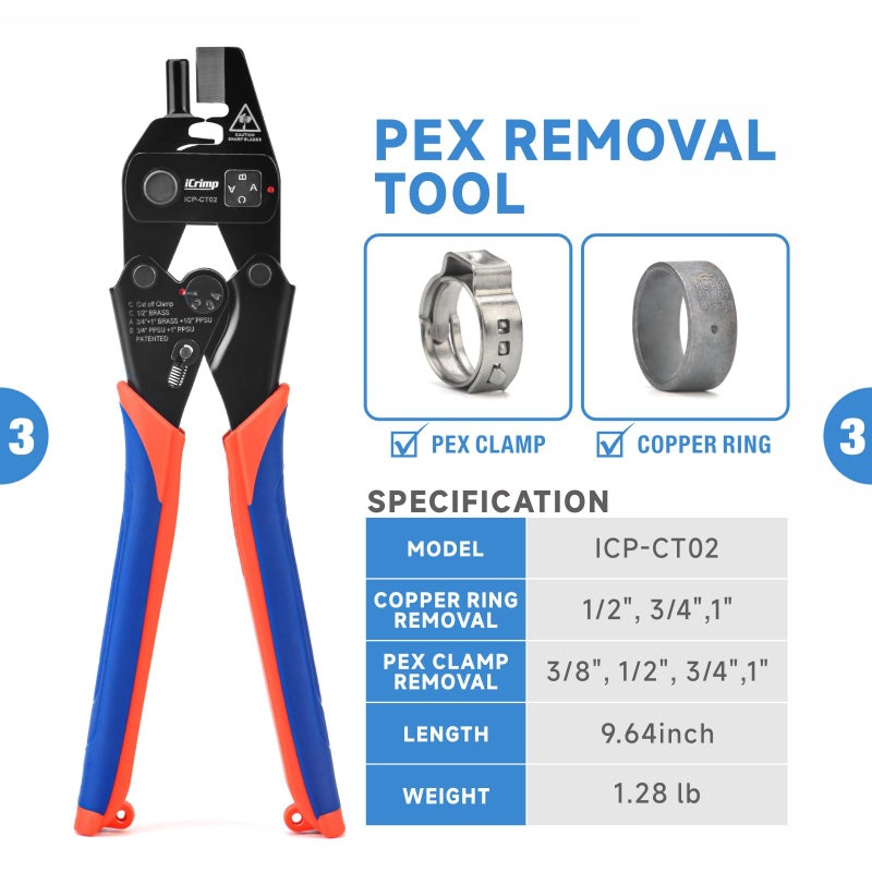 iCrimp PEX Crimping Tool Set for Copper Crimp Ring and PEX Cinch Clamp, Crimping and Removing PEX Crimp Fittings 1/2'', 3/4'', 1'', 7 Pieces - Image 4