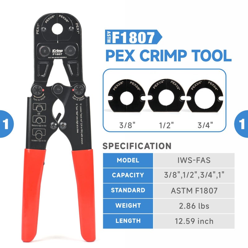 iCrimp PEX Crimping Tool Set for Copper Crimp Ring and PEX Cinch Clamp, Crimping and Removing PEX Crimp Fittings 1/2'', 3/4'', 1'', 7 Pieces - Image 2