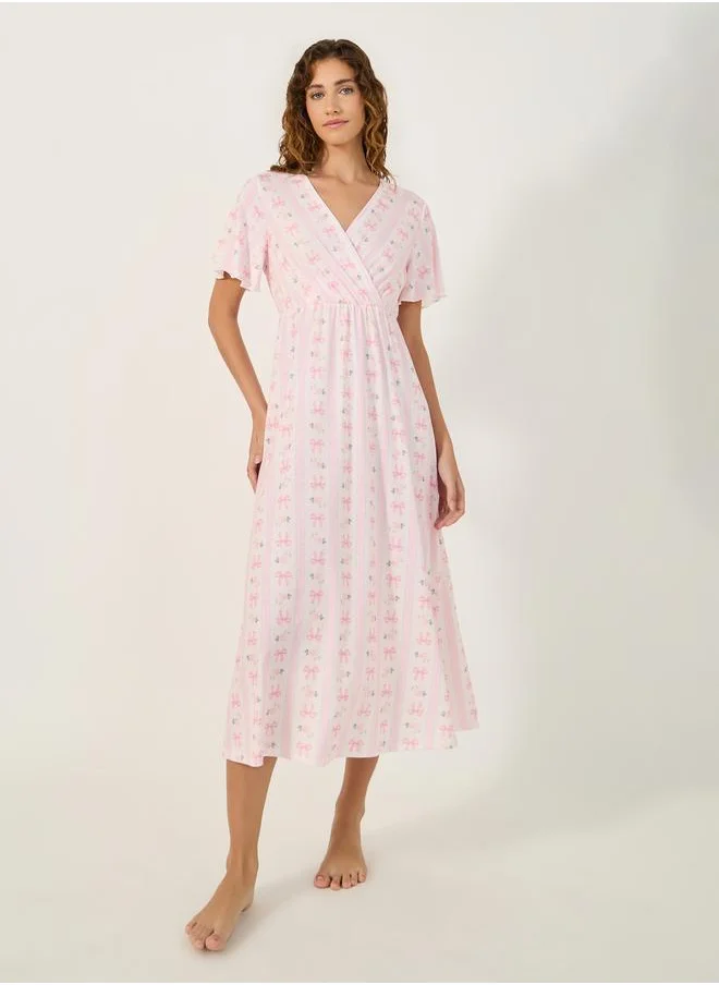 Styli All-Over Bow Print V-Nek Wrap Nightdress