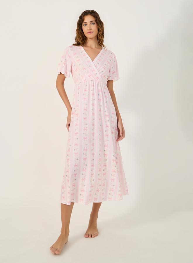 Styli All-Over Bow Print V-Nek Wrap Nightdress  - Image 1