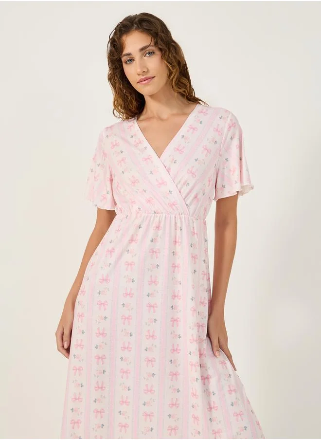 Styli All-Over Bow Print V-Nek Wrap Nightdress