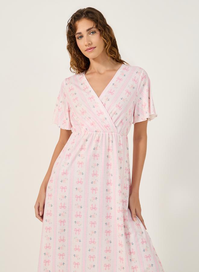 Styli All-Over Bow Print V-Nek Wrap Nightdress  - Image 2