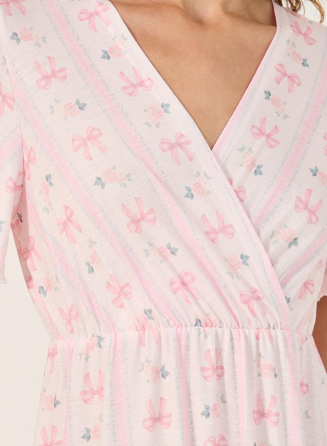 Styli All-Over Bow Print V-Nek Wrap Nightdress  - Image 3