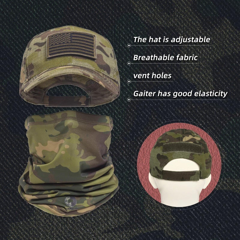 CAMOTER Camo Hat Baseball Cap Camo Face Mask Neck Gaiter with American Flag Patch for Men/Women Outdoors Tactical Military (US, Alpha, One Size, Camo CP Green) - Image 2