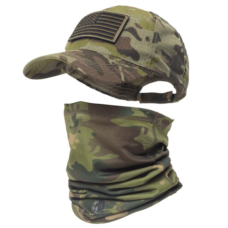 CAMOTER Camo Hat Baseball Cap Camo Face Mask Neck Gaiter with American Flag Patch for Men/Women Outdoors Tactical Military (US, Alpha, One Size, Camo CP Green) - Image 1