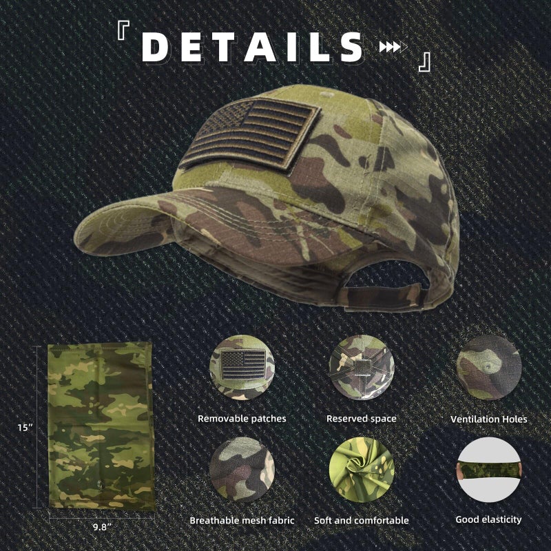 CAMOTER Camo Hat Baseball Cap Camo Face Mask Neck Gaiter with American Flag Patch for Men/Women Outdoors Tactical Military (US, Alpha, One Size, Camo CP Green) - Image 3