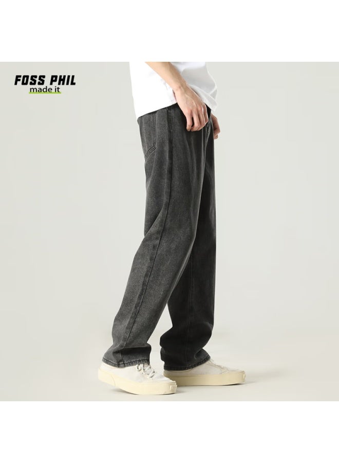 Foss Phil Men's Jeans, Autumn And Winter Versatile Slimming Loose Straight-leg Trendy Wide-leg American Casual Pants, Black-gray, Size M - Image 5