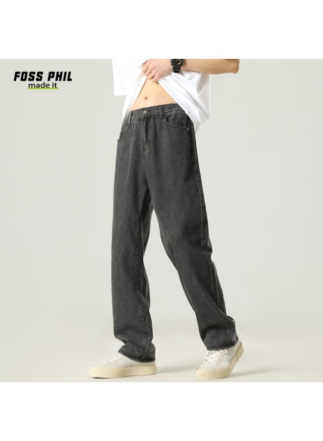 Foss Phil Men's Jeans, Autumn And Winter Versatile Slimming Loose Straight-leg Trendy Wide-leg American Casual Pants, Black-gray, Size M - Image 3