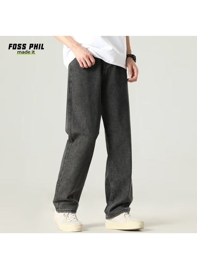 Foss Phil Men's Jeans, Autumn And Winter Versatile Slimming Loose Straight-leg Trendy Wide-leg American Casual Pants, Black-gray, Size M - Image 4