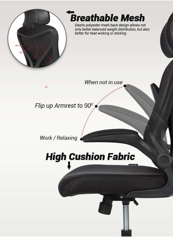 DROGO premium Ergonomic Office Chair for Work from Home, High Back Computer Chair with Mesh, Flip-up Armrest, Recline, Adjustable Seat & Lumbar Support | Mesh Chair for Office