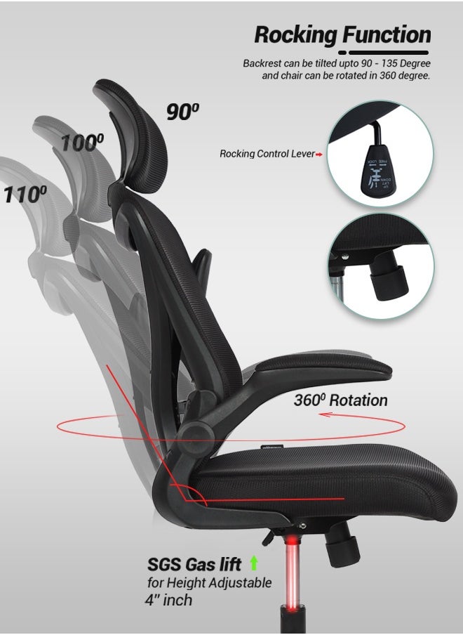 DROGO DROGO premium Ergonomic Office Chair for Work from Home, High Back Computer Chair with Mesh, Flip-up Armrest, Recline, Adjustable Seat & Lumbar Support | Mesh Chair for Office  - Image 4
