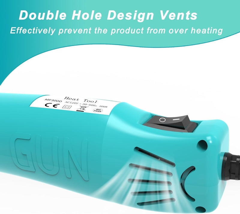 QST EXPRESS Heat Gun, Mini Heat Gun for Shrink Tubing, for DIY Crafts, 300W Heat Air Gun with Reflector Nozzle, Shrink Wrap Gun Tool for Packaging PVC, Drying Paint, Clay - green - Image 5