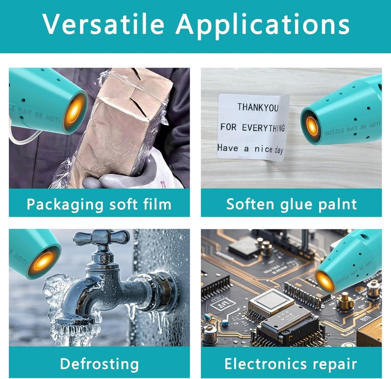 QST EXPRESS Heat Gun, Mini Heat Gun for Shrink Tubing, for DIY Crafts, 300W Heat Air Gun with Reflector Nozzle, Shrink Wrap Gun Tool for Packaging PVC, Drying Paint, Clay - green - Image 2
