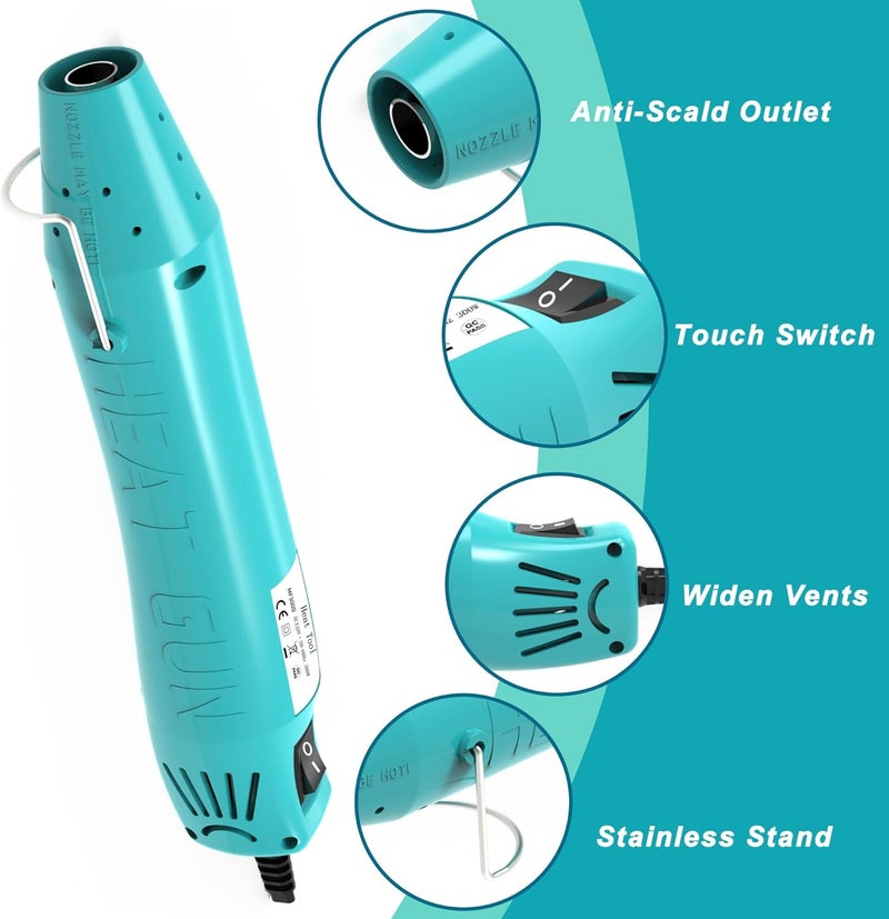 QST EXPRESS Heat Gun, Mini Heat Gun for Shrink Tubing, for DIY Crafts, 300W Heat Air Gun with Reflector Nozzle, Shrink Wrap Gun Tool for Packaging PVC, Drying Paint, Clay - green - Image 3
