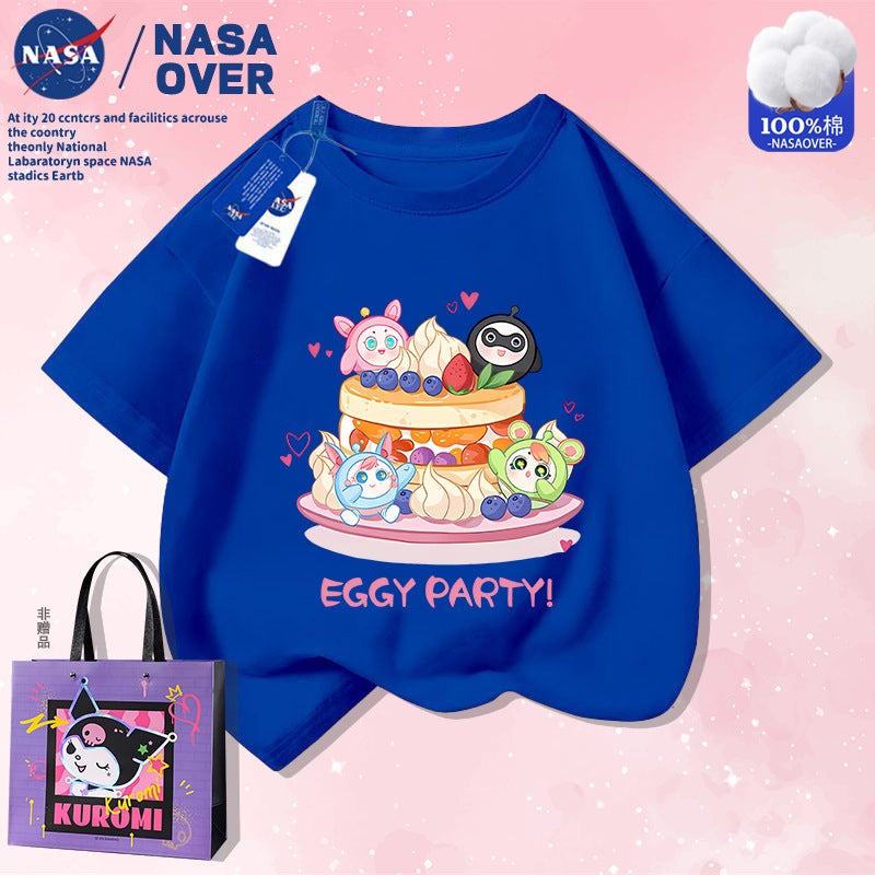 Nasa Joint Super Cute Eggs Five Small Cartoon T-Shirt Summer Big Children'S Pure Cotton Short-Sleeved Casual Fashion Top - Image 1