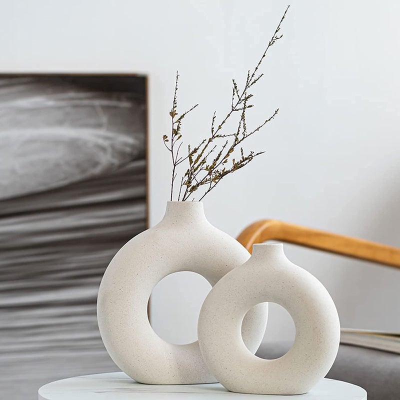 White Ceramic Vases Set 2 for Modern Home DecorBoho Round Matte Pampas Flower Vases Minimalist Style for Wedding Dinner Living Room Office Coffee Table Decorative