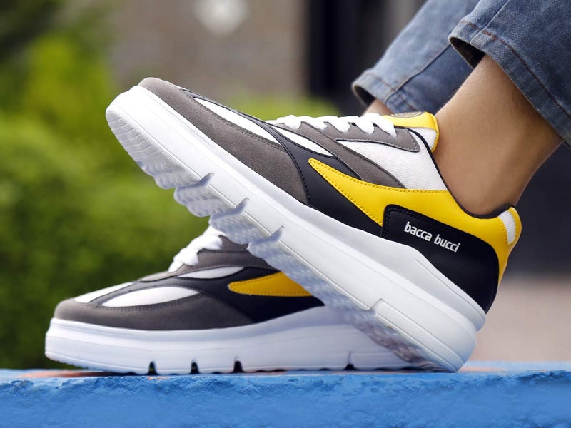 Bacca Bucci® Men's Urban Retro Blocked Fashion Sneaker/Sports for Walking, Party,Shopping,Running & Fun- Yellow:Grey, Size UK7 - Image 2