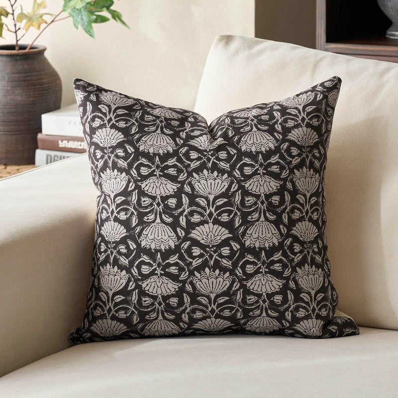 DOMVITUS Floral Pillow Covers 18x18 Decorative Throw Pillow Covers Floral Block Print Farmhouse Vintage Pillow Cover for Living Room Couch Bed Black 1PC - Image 1