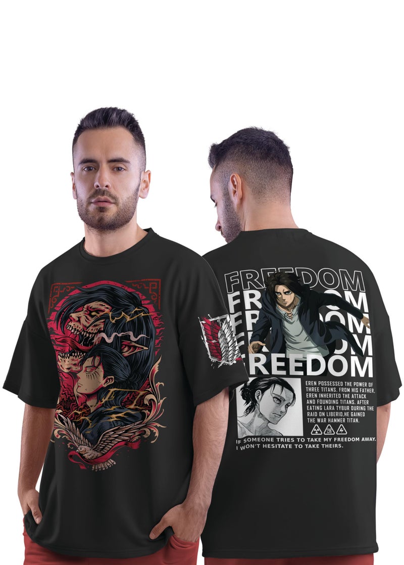 crazymonk Unisex Cotton Eren Yeager X Freedom Oversized T-Shirt - Black, Medium - Image 1