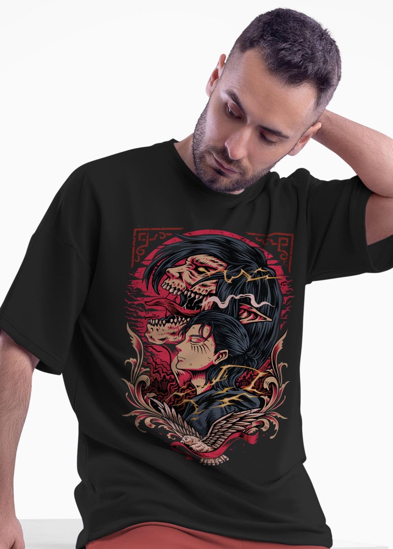 crazymonk Unisex Cotton Eren Yeager X Freedom Oversized T-Shirt - Black, Medium - Image 4