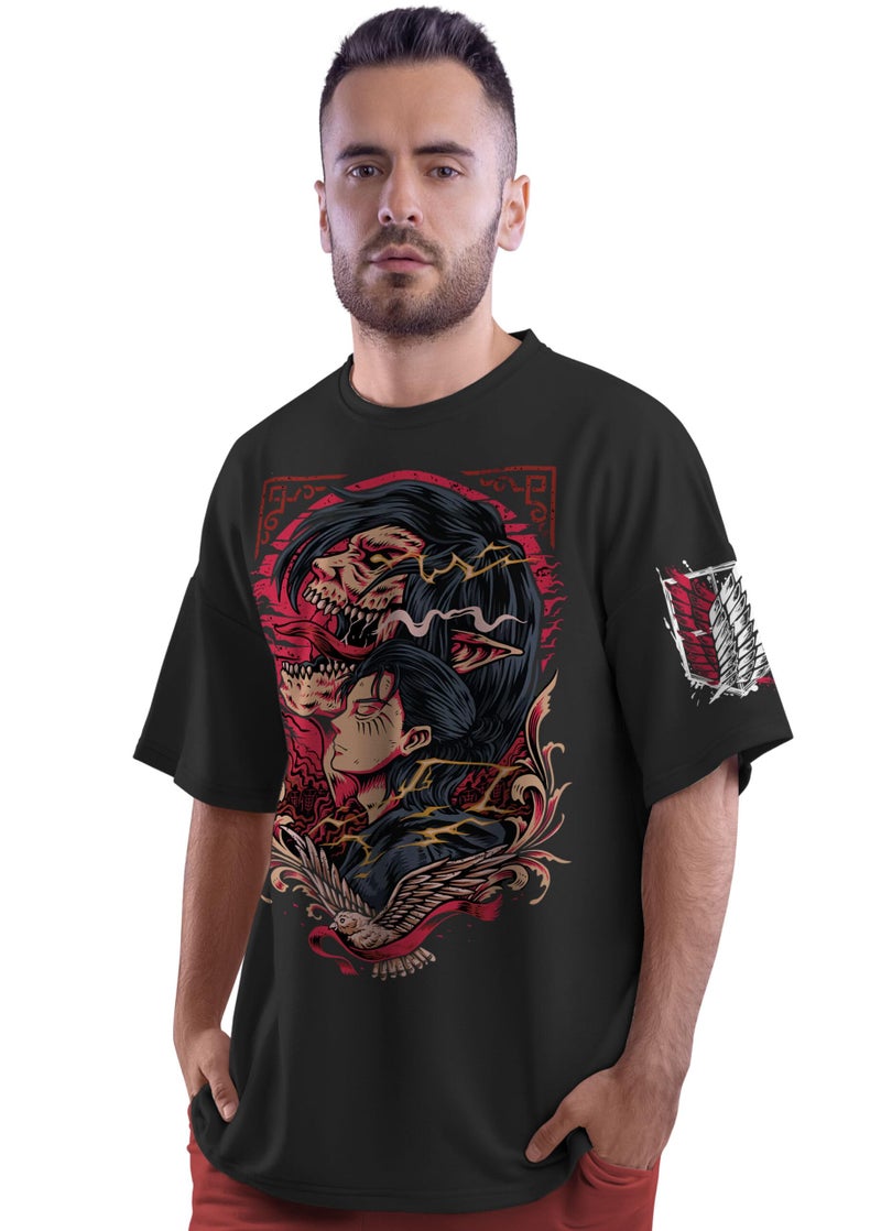 crazymonk Unisex Cotton Eren Yeager X Freedom Oversized T-Shirt - Black, Medium - Image 3